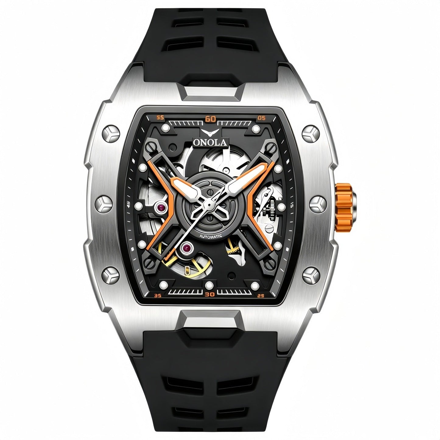 Fully Automatic Mechanical Mens Watch With A Silicone Strap And Water Resistance