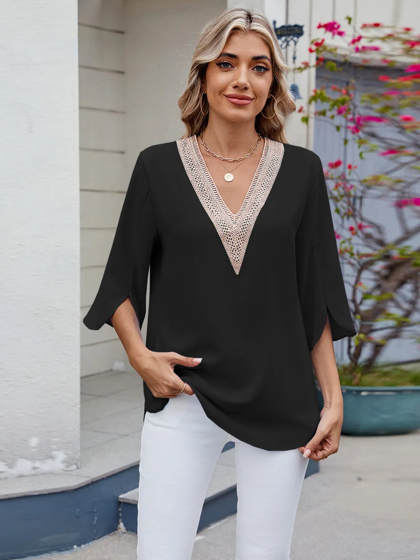 V-Neck Lace Trim Blouse