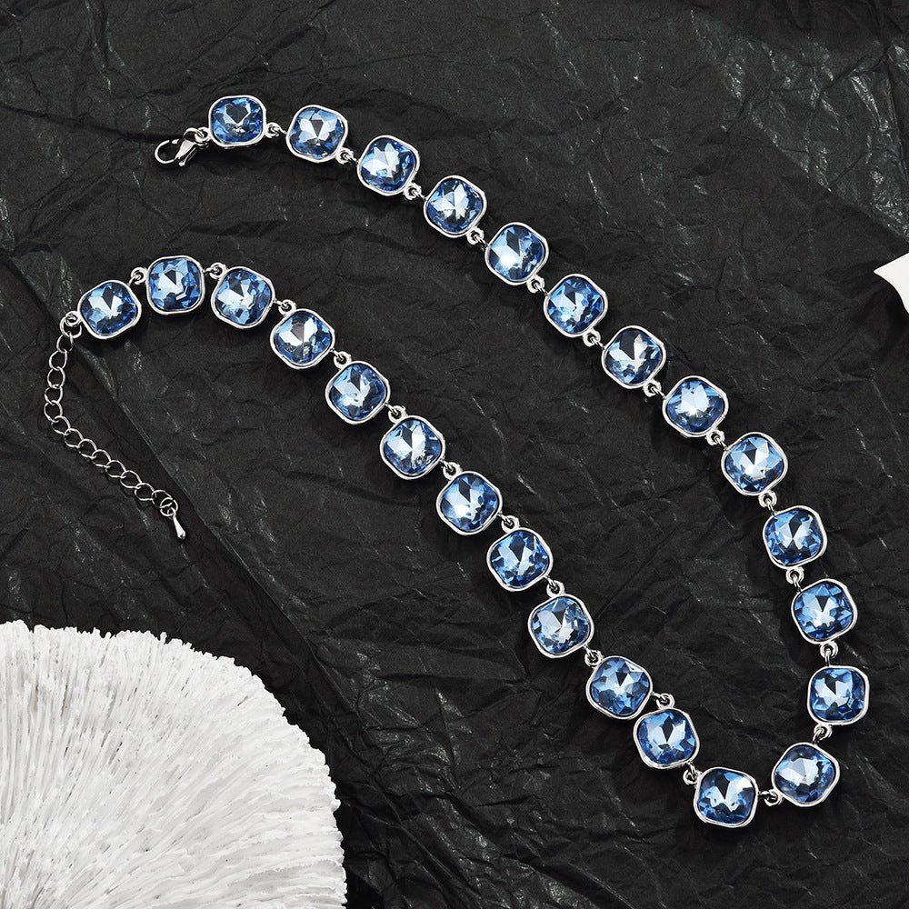Light Blue Cushion Cut Cubic Zirconia Choker Necklace For Women, Silver Full Inlay Elegant Wedding Party Collarbone Chain Fashion Jewelry