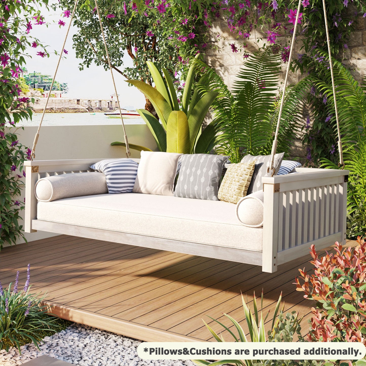 Outdoor Swing Bed Acacia Wood White Twin Size Minimalist 79.1x41.3 In 350 LB