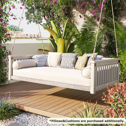 Outdoor Swing Bed Acacia Wood White Twin Size Minimalist 79.1x41.3 In 350 LB