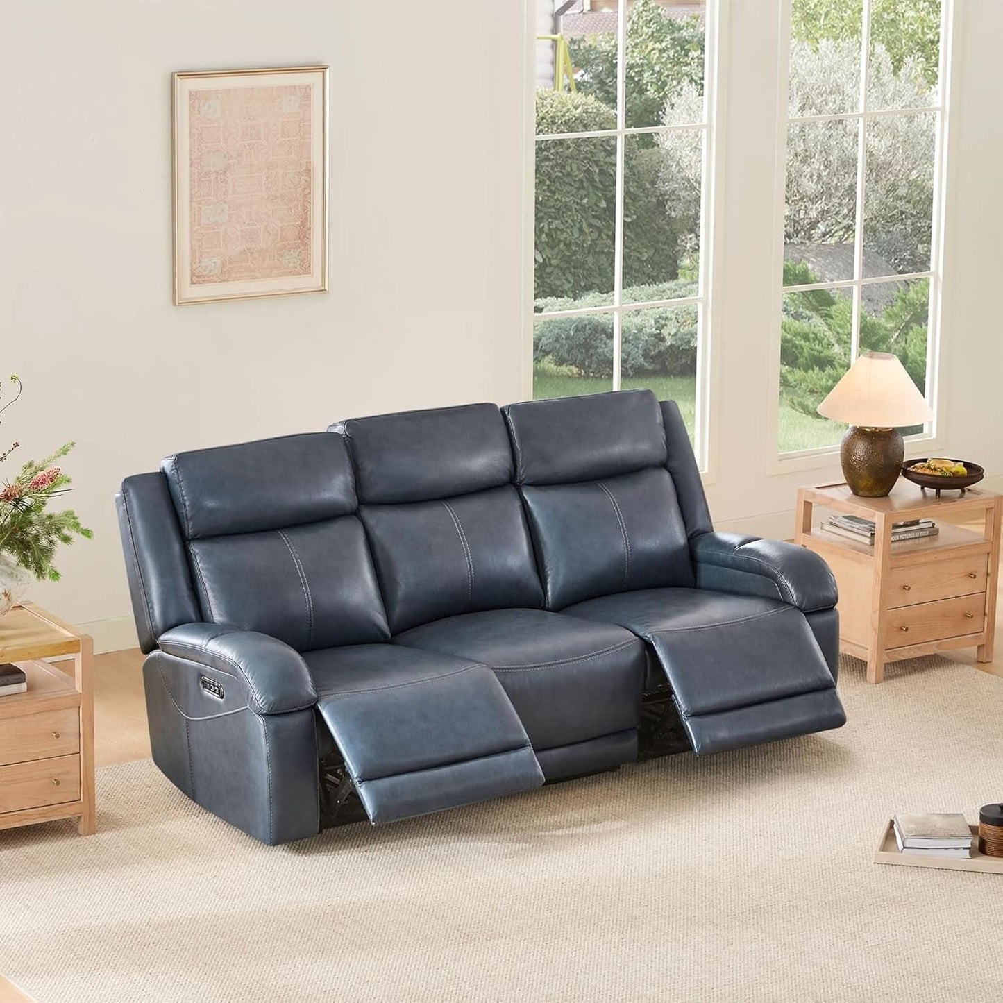 Navy Genuine Leather Power Recliner Sofa With USB Type C
