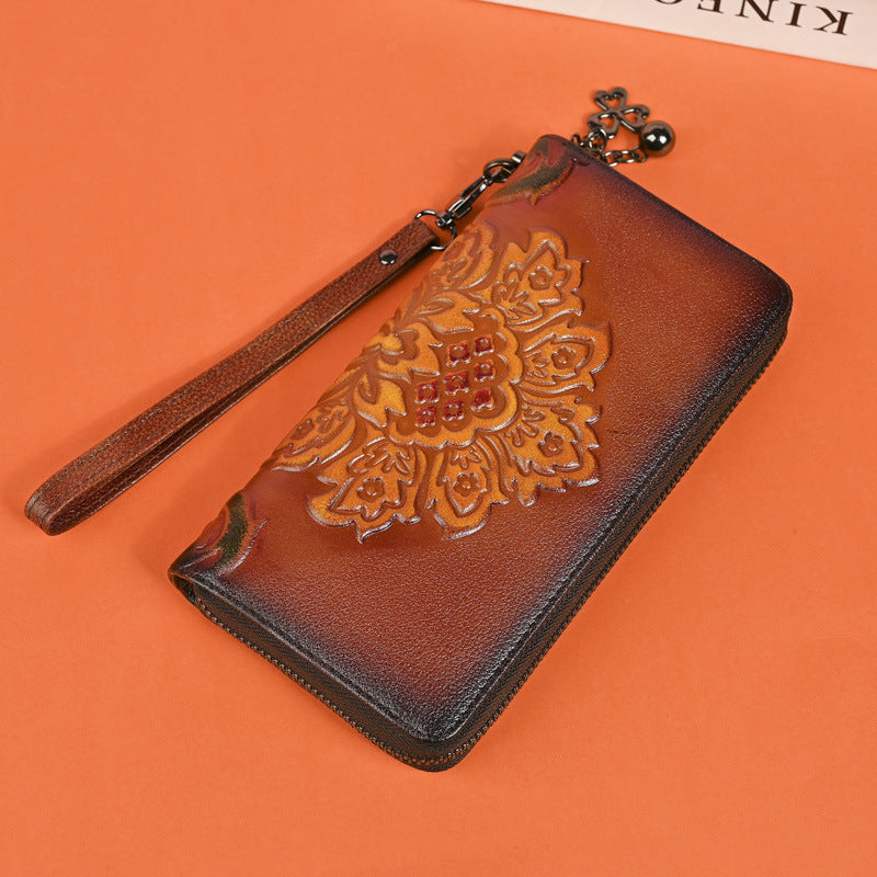 Genuine Leather Long Wallet Fashionable Zipper Clutch Bag Printed Hand-Painted Handbag