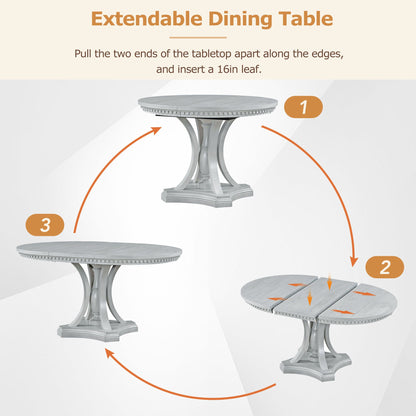 Retro 5-piece Dining Set Extendable Round Table and 4 Chairs for Kitchen Dining