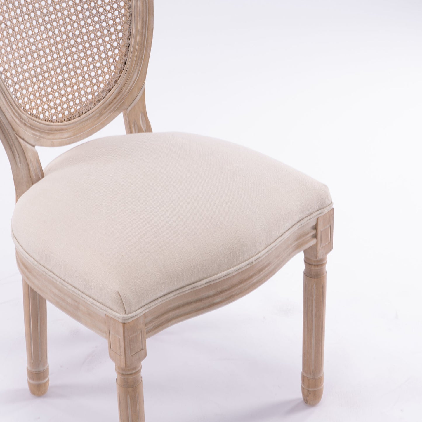 French Style Solid Wood Linen Fabric Rattan Back Dining Chair, Set of 2, Beige
