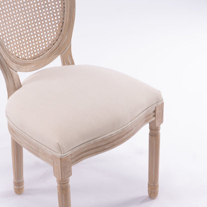 French Style Solid Wood Linen Fabric Rattan Back Dining Chair, Set of 2, Beige