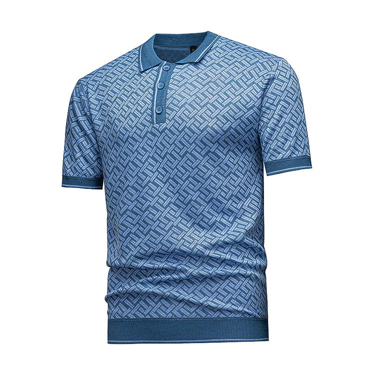 Men's Short Sleeve Knit Polo Shirt, Geometric Interwoven Pattern, Smart Casual, Black & Grey