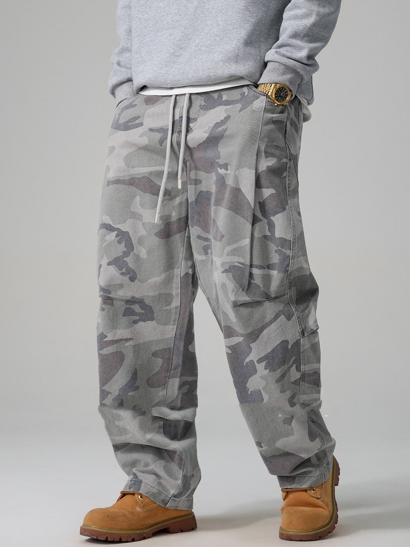American-style Retro Pure Cotton Camouflage Work Pants Straight-leg Loose Fit With A Drawstring