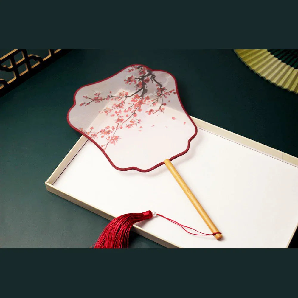 Chinese Silk Round Hand Fan with Floral Embroidery