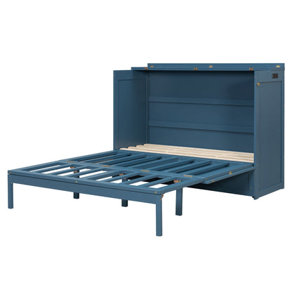 Queen Size Murphy Bed Wall Bed with Drawer and Sockets and USB Ports, Navy Blue