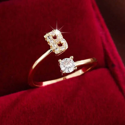 Adjustable Copper Initial Ring with Four-Claw Round Zirconia