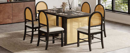 7-Piece Farmhouse Dining Table Set for 6, 59.8 in Rectangular Table with Rattan Chairs