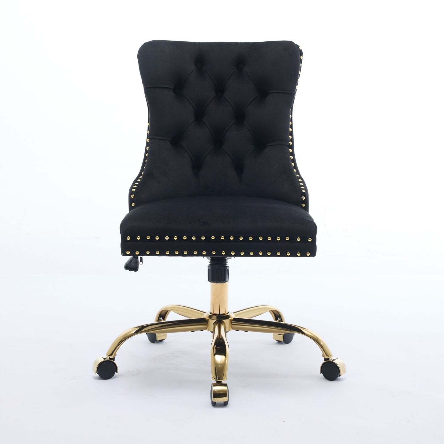 Swivel Office Chair Velvet Black Tufted Button Gold Metal Base 24.8x38.6 In