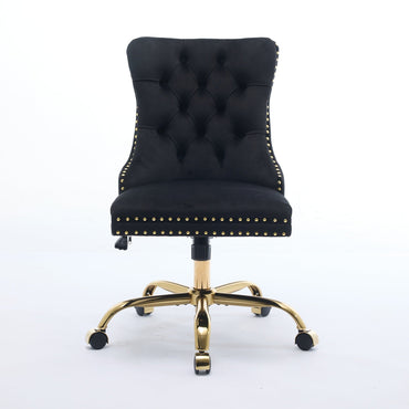 Swivel Office Chair Velvet Black Tufted Button Gold Metal Base 24.8x38.6 In