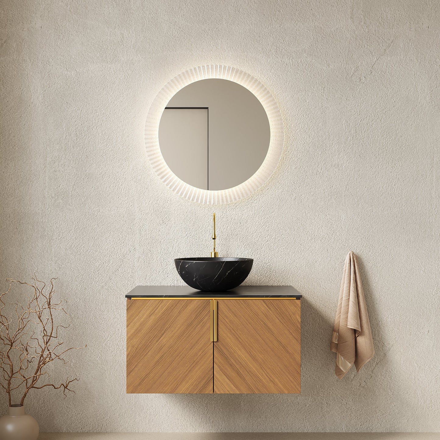 30' Bathroom Vanity with Sink, Floating Plywood 2 Doors Black Stone Black Bowl Basin