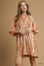 Umgee Leaf Print Notched Mini Babydoll Dress
