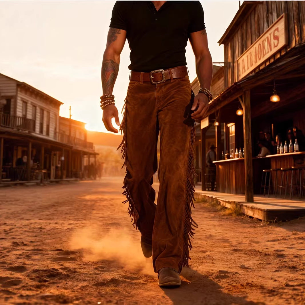 Retro Western Cowboy Deer Skin Fleece Fringe Wide Leg Pants