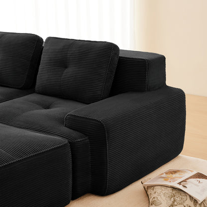Sectional Sofa Modular Corduroy Black 3 Seat Tufted No Assembly