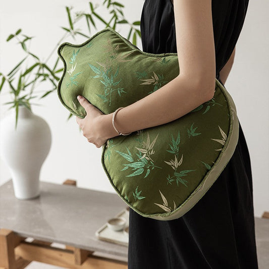 Auspicious Gourd-Shaped Velvet Throw Pillow (Bamboo Leaf)