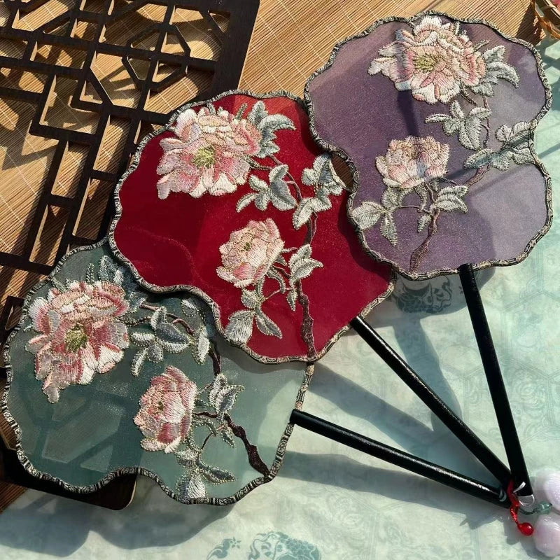 Ancient Style Fan Chinese Style Hanfu Dance Shooting Long Handled Embroidered Classical Double Sided Fan Female Decorative Fan