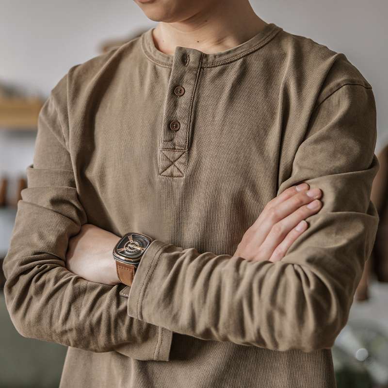 American-style Vintage Henley T-shirt For Men