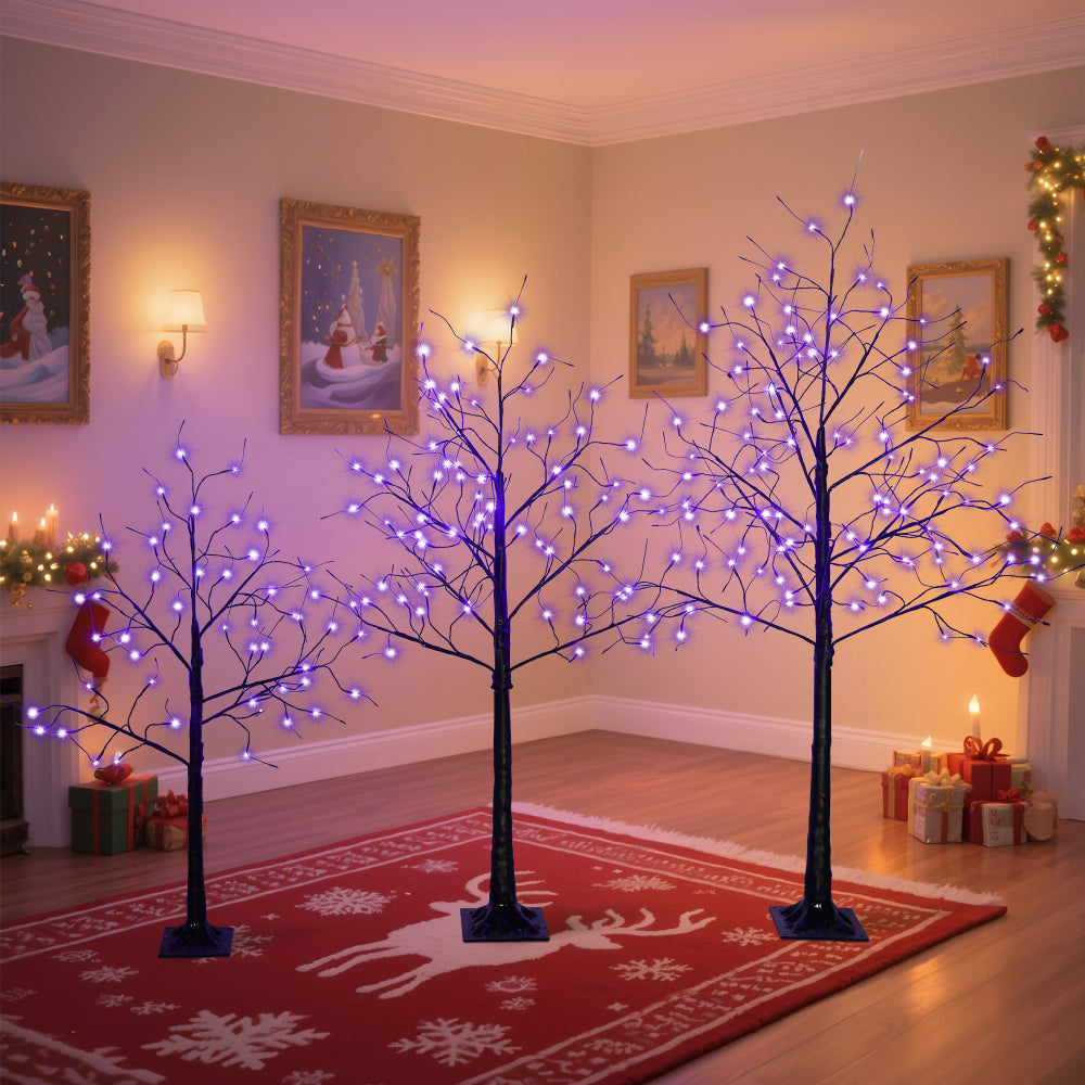 Black Halloween Christmas Tree Set | 3-Pack 4FT + 5FT + 6FT with 216 Purple LED Lights — Adjustable Branches for Spooky Holiday Decor
