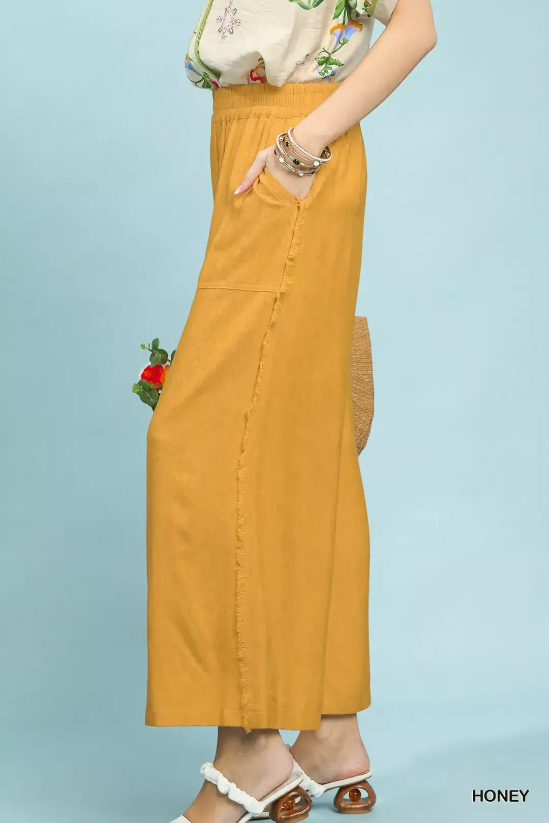 Umgee Linen Frayed Side Pocket Wide Leg Pants