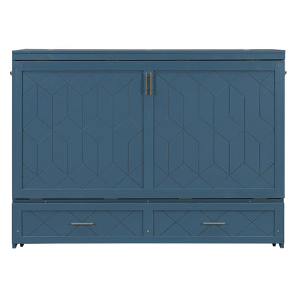 Queen Size Murphy Bed Wall Bed with Drawer and Sockets and USB Ports, Navy Blue