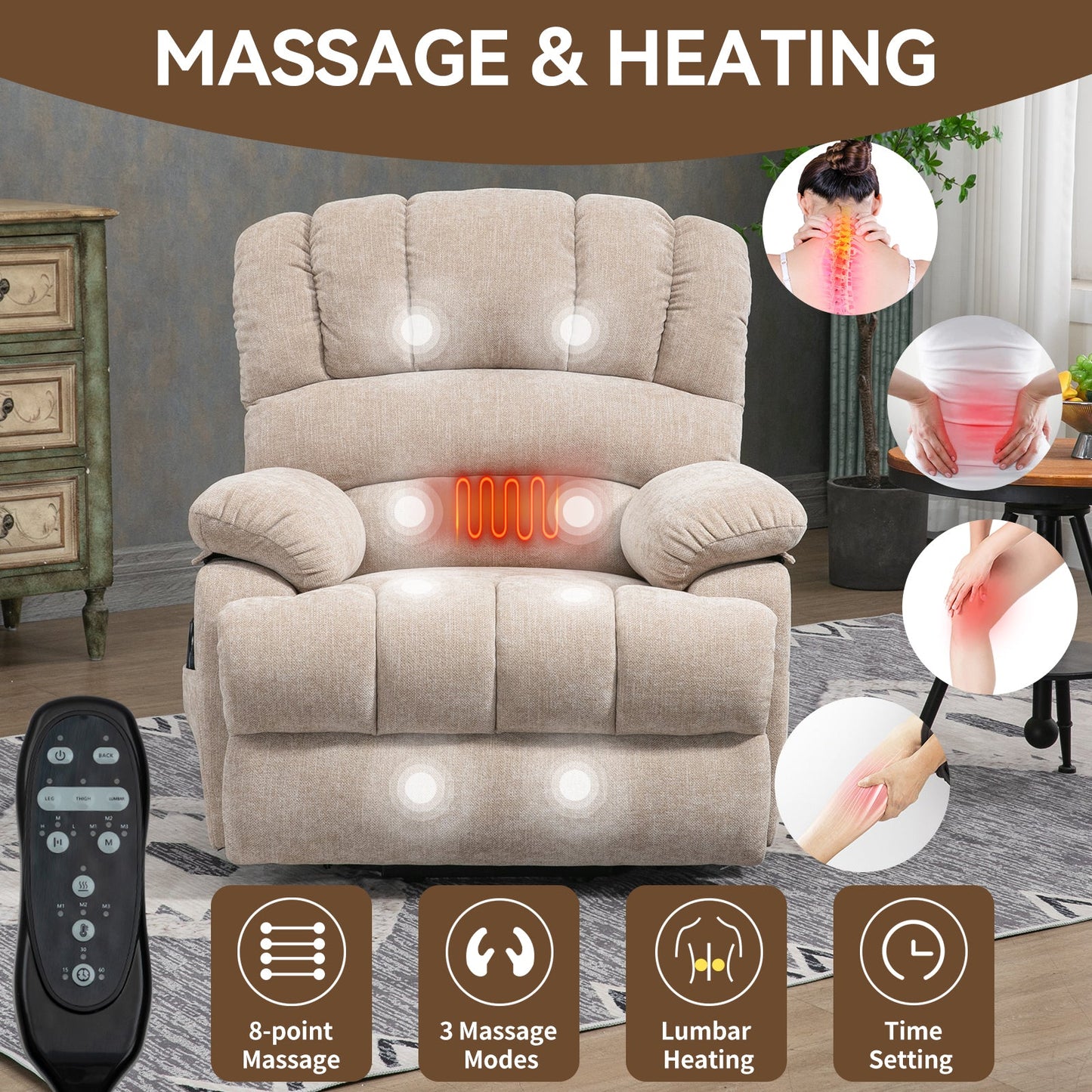 Lift Recliner Chair Power Oversized Chenille Beige 23 In Seat USB 350 LB