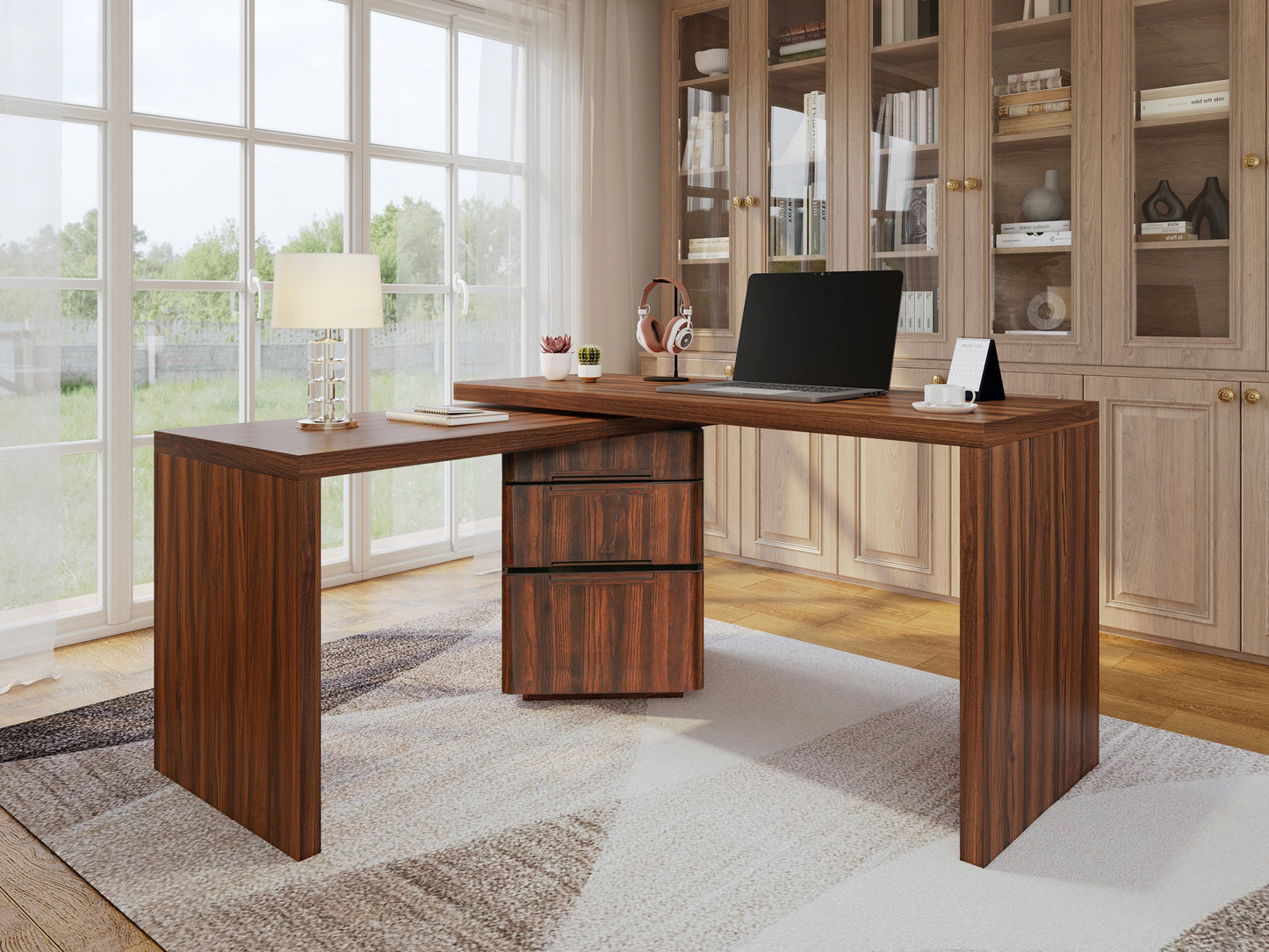 90' Modern L Shaped Desk in Walnut with 3 Drawers,360deg Wood Rotating Desk,Exe...