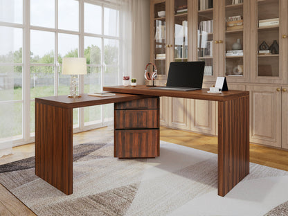 90' Modern L Shaped Desk in Walnut with 3 Drawers,360deg Wood Rotating Desk,Exe...