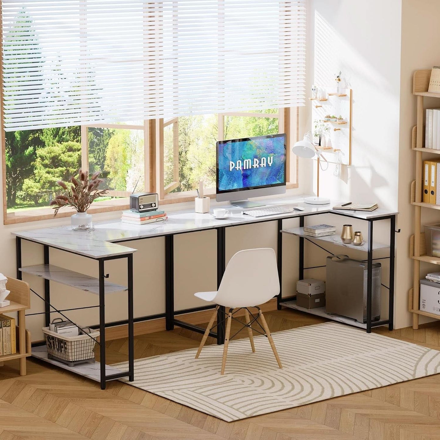 43 Inch L Shaped Computer Desk White Marble Home Office