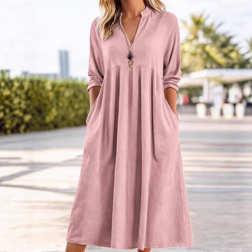 Womens Relaxed-fit Vintage Cotton-Linen Long-Sleeve V-Neck Dress With Pockets
