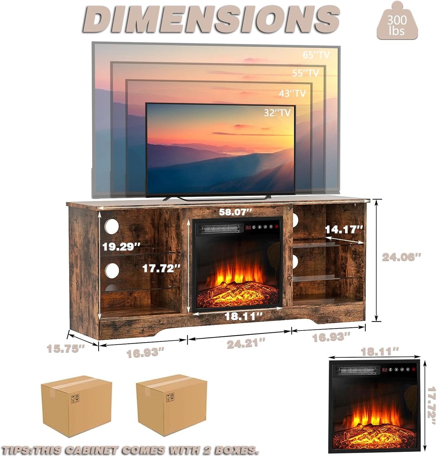 58 Inch Electric Fireplace TV Stand For 65 Inch Televisions