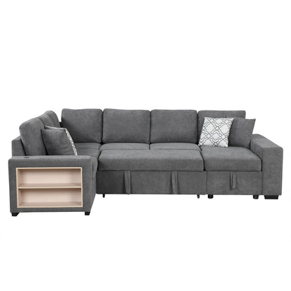 Sectional Sofa U-Shape Chenille Gray 5 Seat USB Ports Pull-Out 109 In