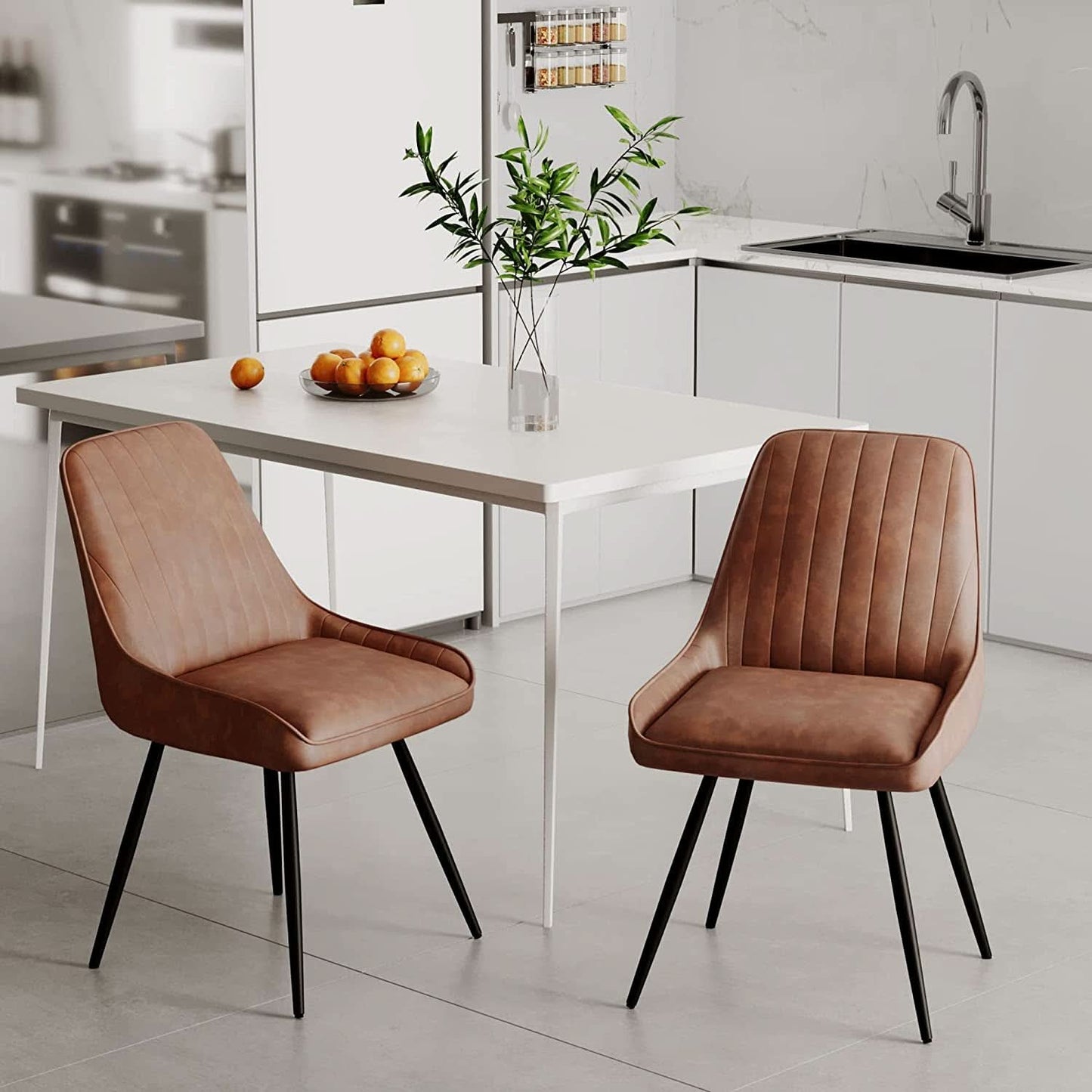 Two Brown Faux Leather Mid Century Modern Dining Chairs
