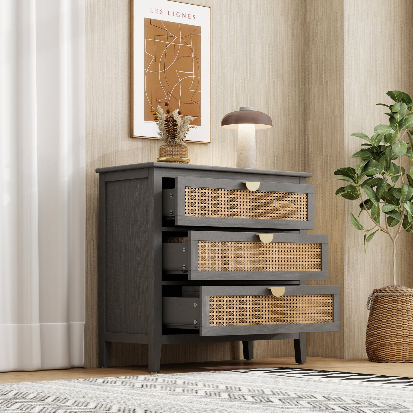 3-Drawer Cabinet - Natural Rattan - Suitable for Bedroom, Living Room, or Study