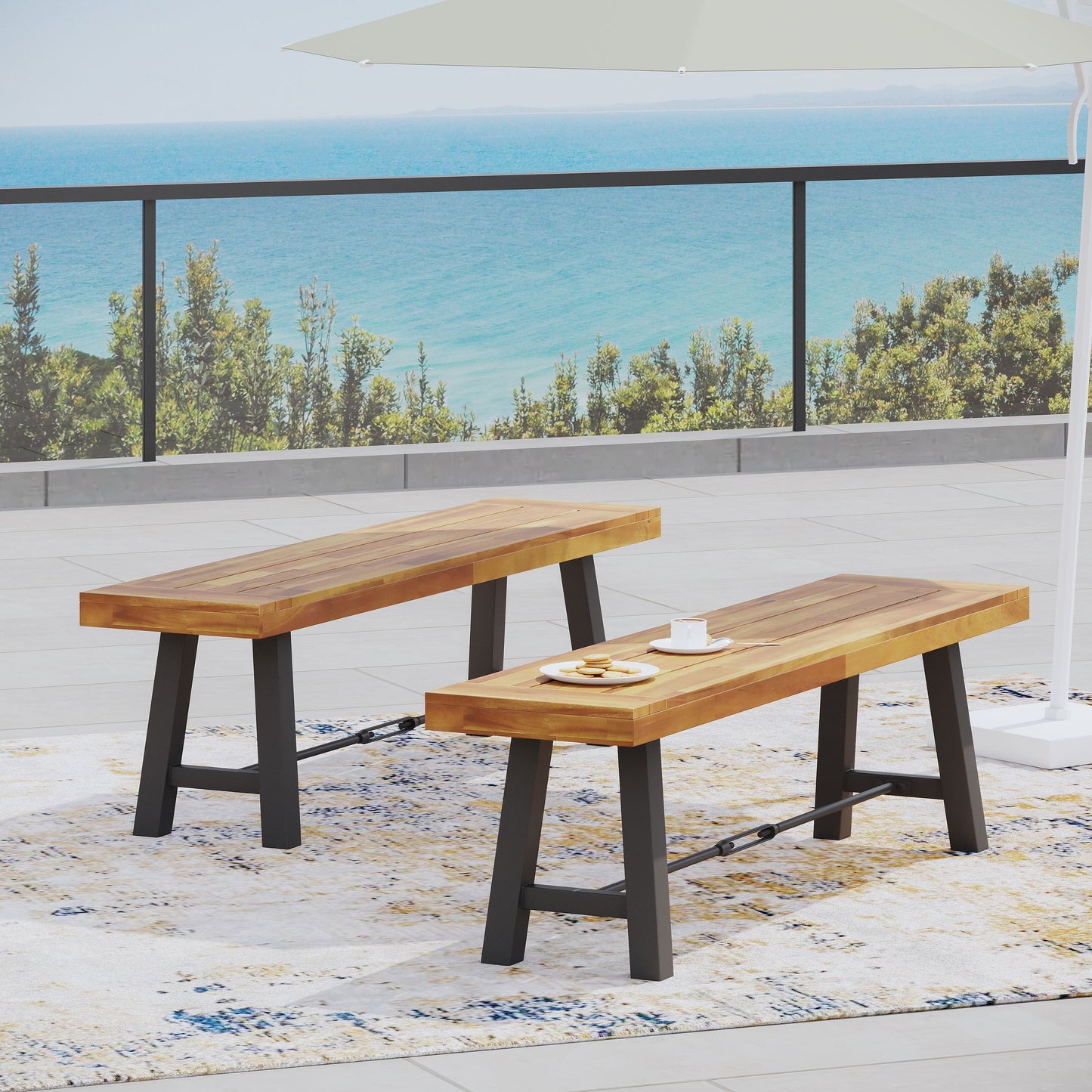 Outdoor Bench Acacia Wood Teak Slat Design Weather-Resistant 63x14.5x17.75 In
