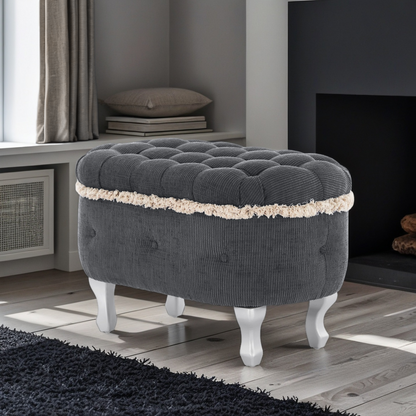 Storage Bench Tufted Gray Fabric Tassel Trim Flip Top 29.5x17.8x19 In