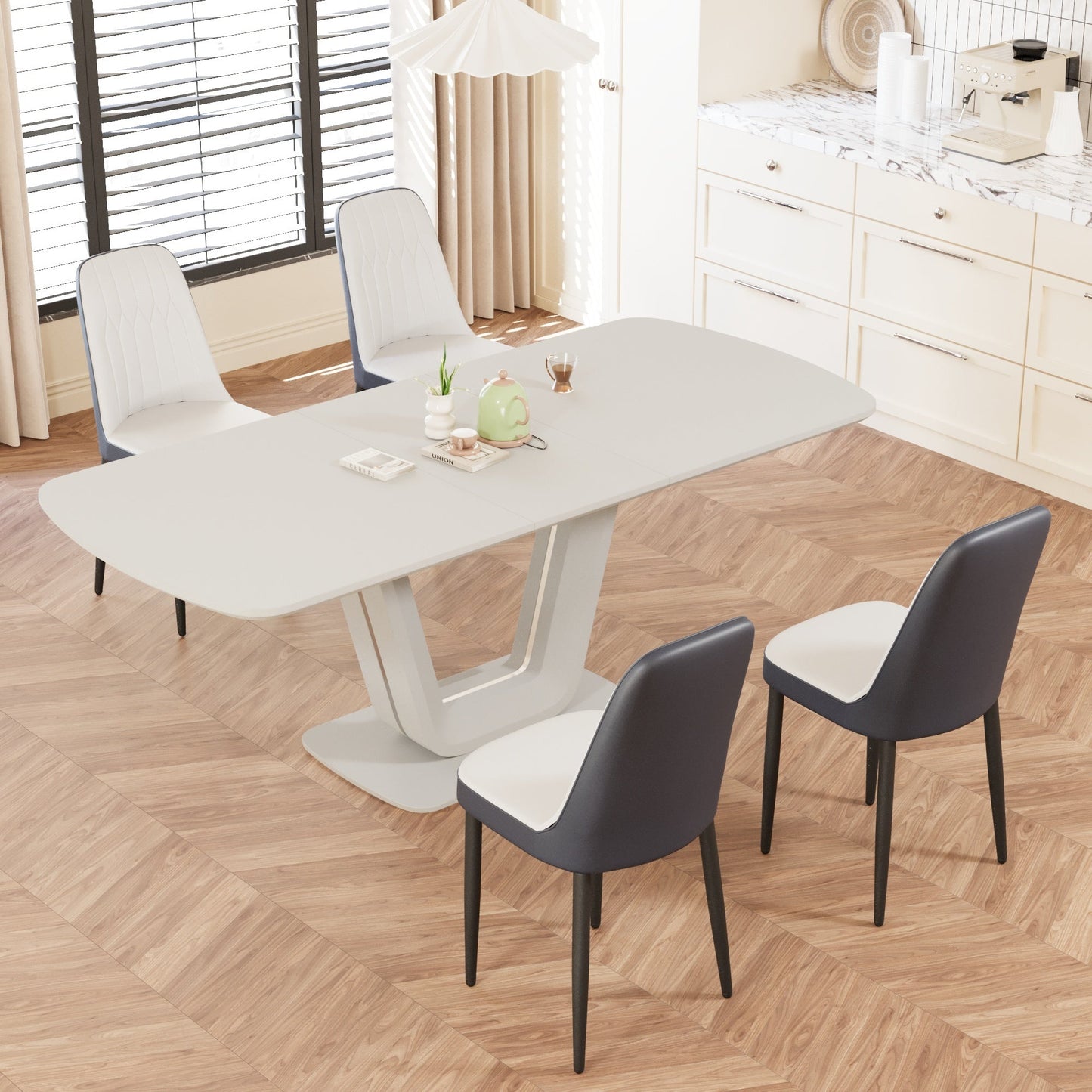 62.99-78.74' expandable dining table set for 2-8 people, equipped with 4 PU