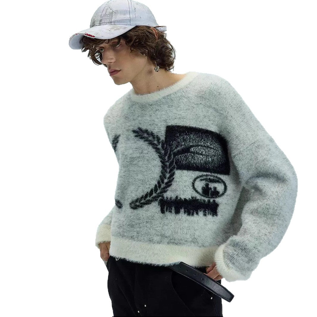 Mens American-style Cartoon Knitted Plush Color-block Crew-neck Sweater