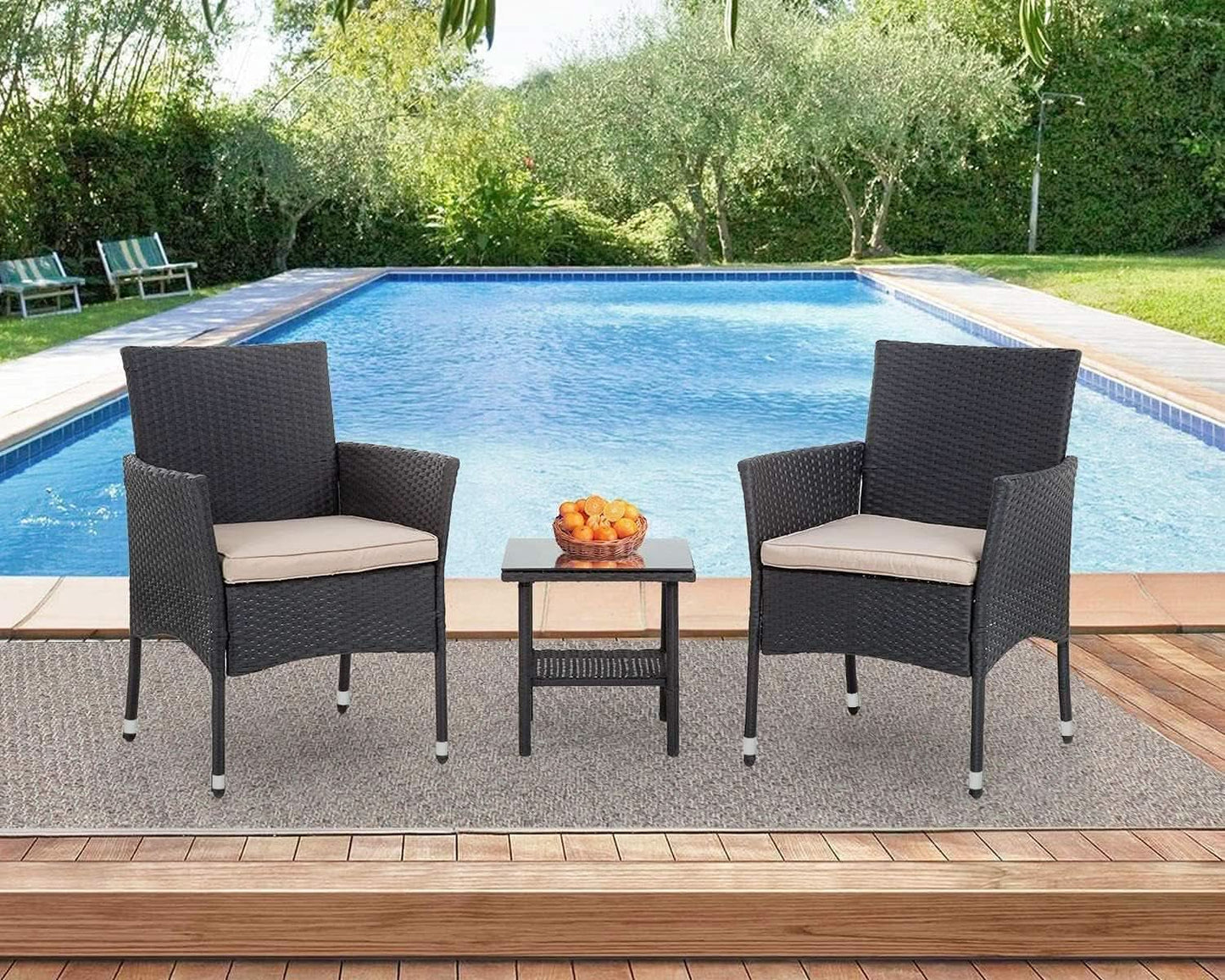 Wicker Bistro Set Cushioned Chairs Coffee Table Black Beige
