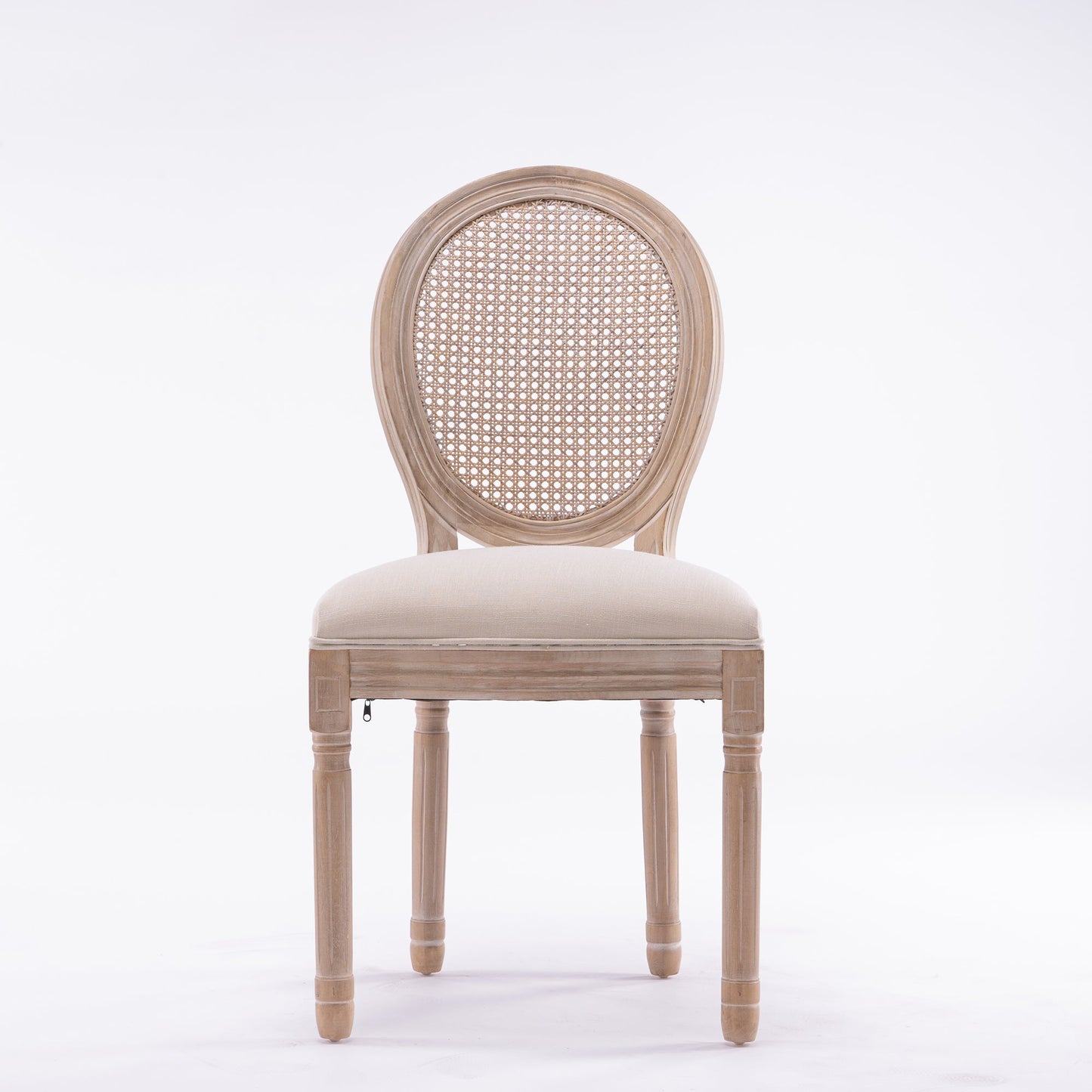French Style Solid Wood Linen Fabric Rattan Back Dining Chair, Set of 2, Beige