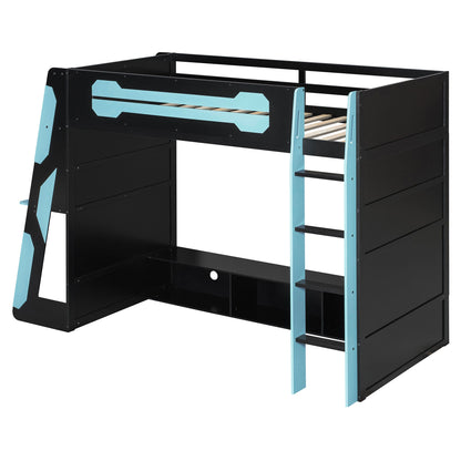 Twin Size Wood Loft Bed with Desk, Multi-storage Shelves and RGB Light, Cloud