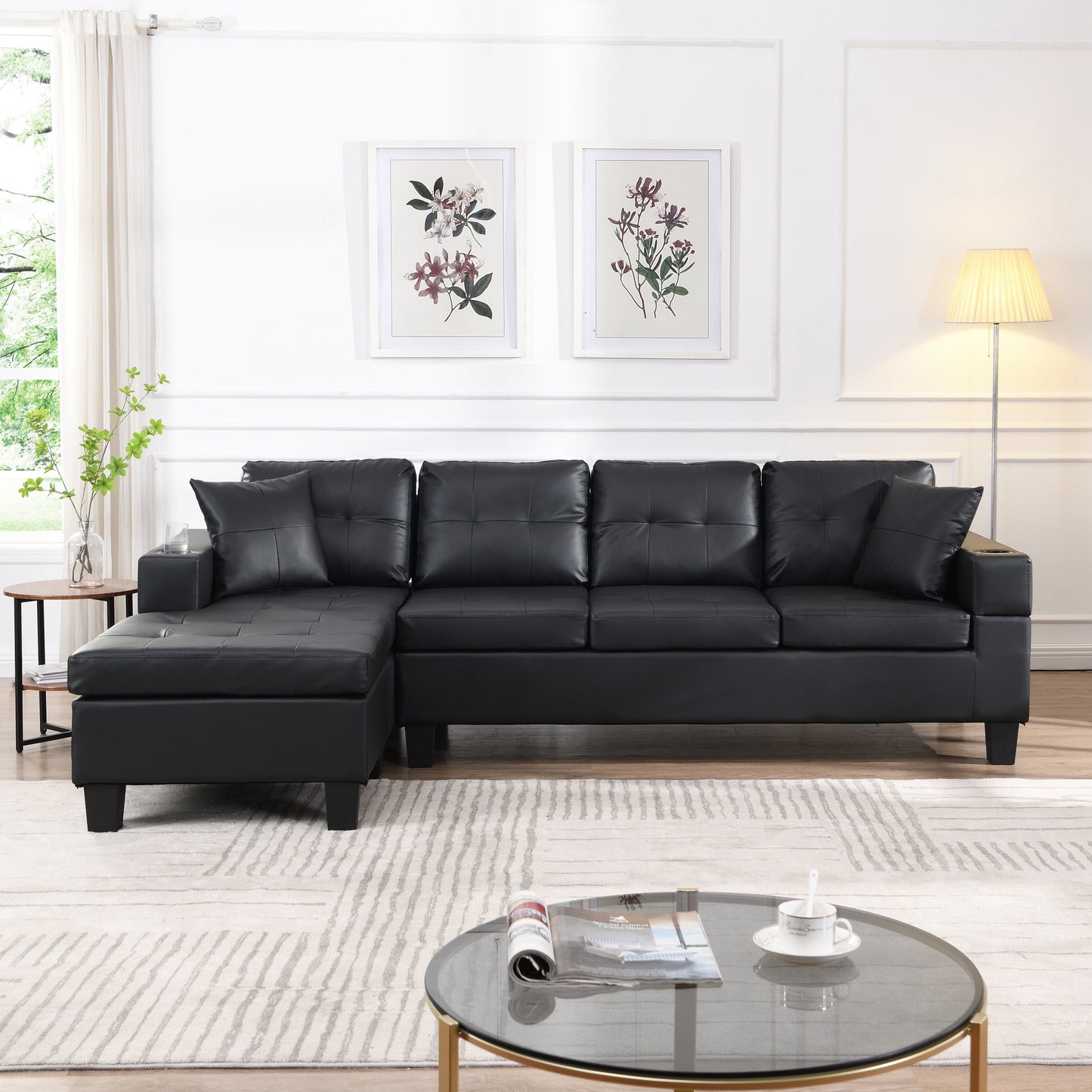 Sectional Sofa L-Shape Chaise PU Leather Black 4-Seat Cup Holders 96x57 In