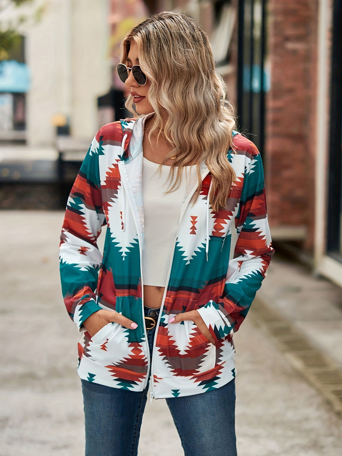 Geometric Hooded Sweatshirt Jacket