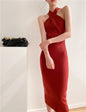 Women's Slim Fit Slim Pack Hip Cross Halter Over Knee Knit Dress