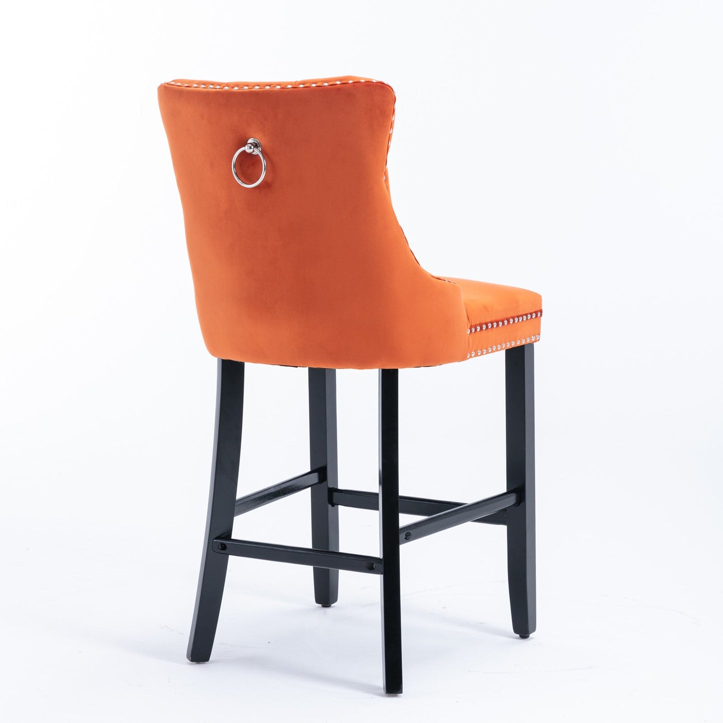 Velvet Upholstered Barstool Set of 2, Button Tufted, Chrome Nailhead, Orange