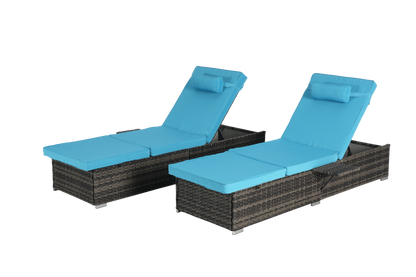 Chaise Lounge PE Rattan Steel Light Blue 5 Position Set of 2 600 LB