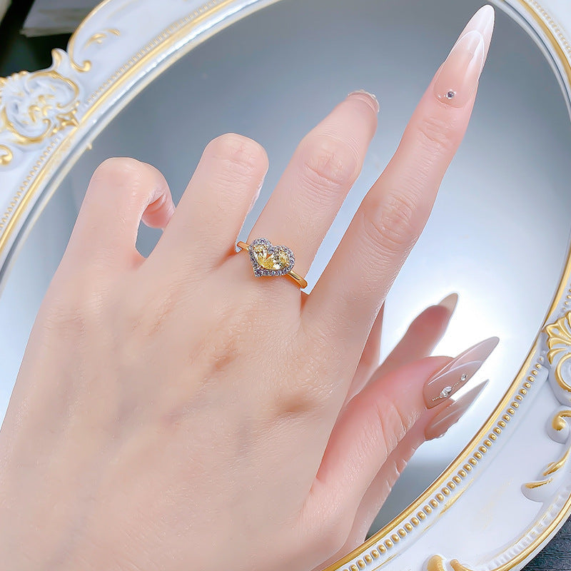 S925 Silver Pear-shaped Yellow Diamond Heart-shaped Ring For Women
